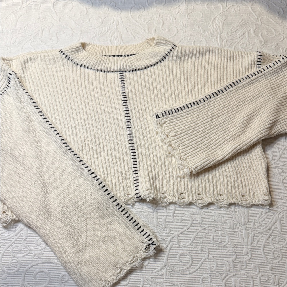 BDG Distressed Crew Neck Cream Sweater with Black Detailing Crop Medium.